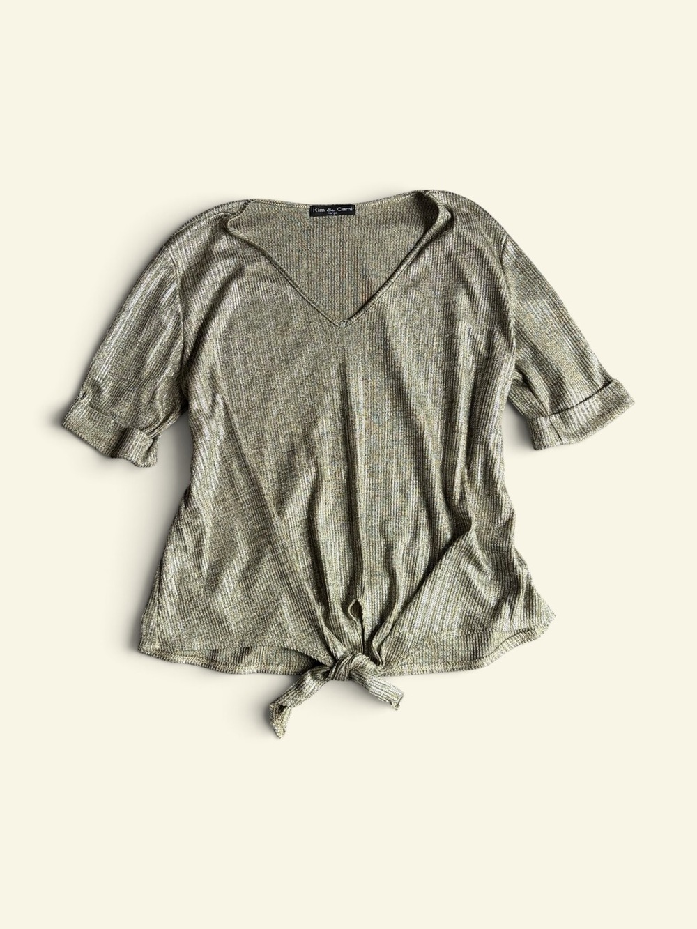 Kim & Cami Gold Metallic Ribbed V-Neck Front Tie Top Y2K Festival Large Glam